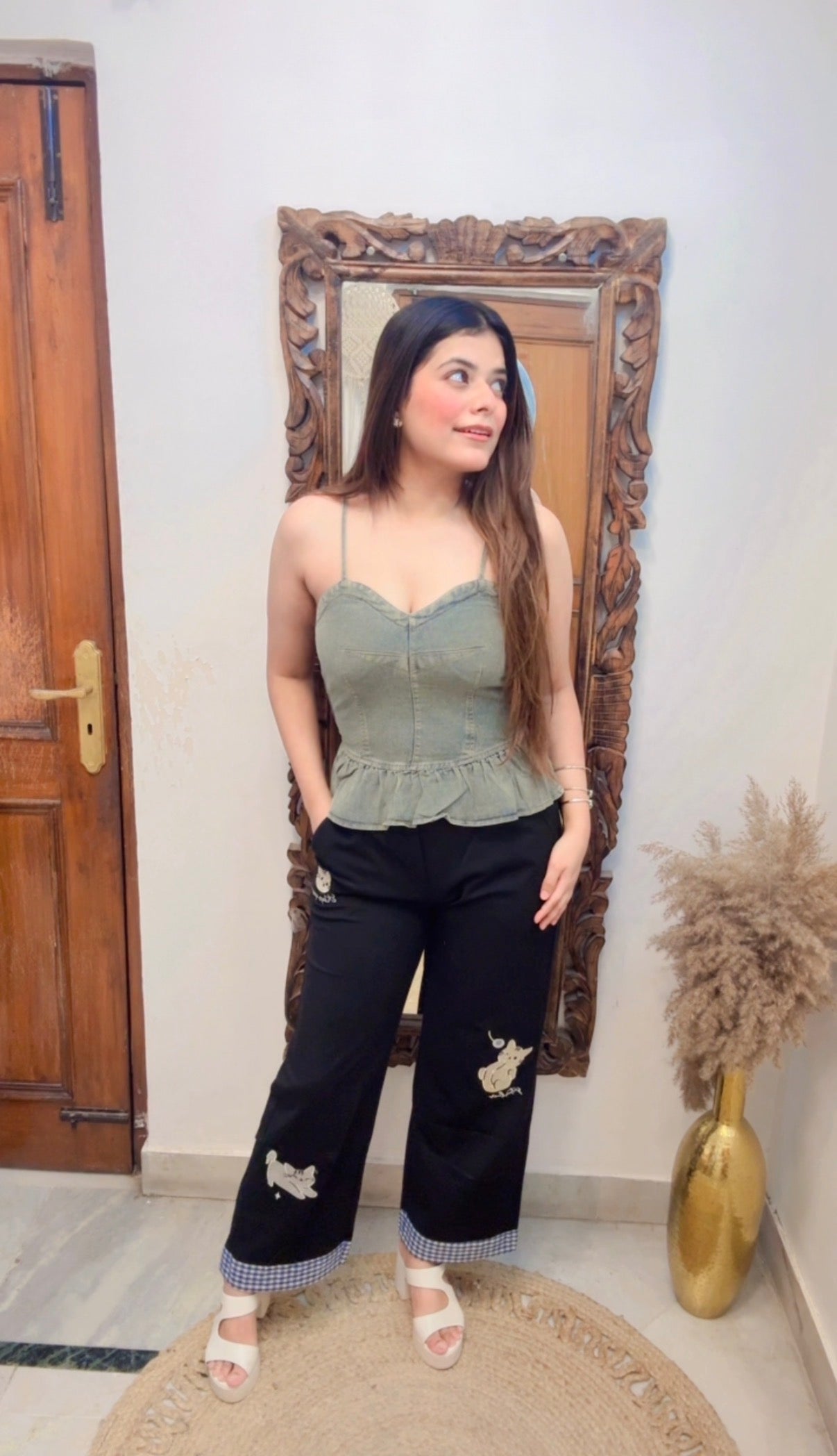 Embroidered Lower Pants with check detailing