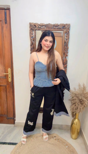Embroidered Lower Pants with check detailing