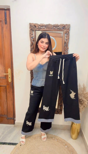 Embroidered Lower Pants with check detailing